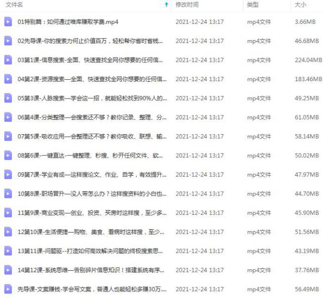 [技能提升]《12堂超级搜索术：快速找到你想找的任何信息！资源！人脉！》[12课(MP4视频)资料合集]【百度云网盘下载】|精品资源|果果网